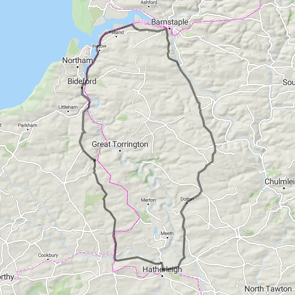 Map miniature of "Scenic Route through North Devon" cycling inspiration in Devon, United Kingdom. Generated by Tarmacs.app cycling route planner