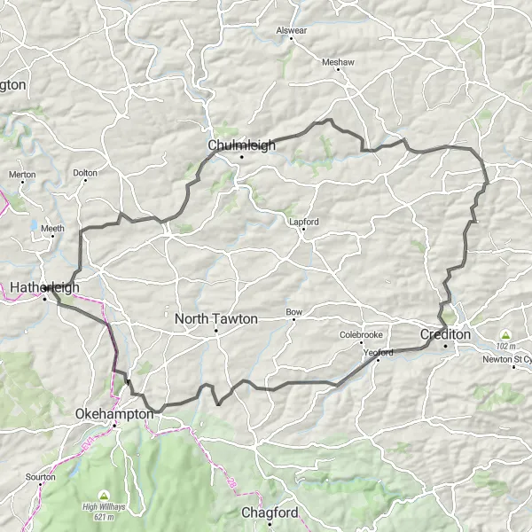 Map miniature of "Countryside Adventure" cycling inspiration in Devon, United Kingdom. Generated by Tarmacs.app cycling route planner