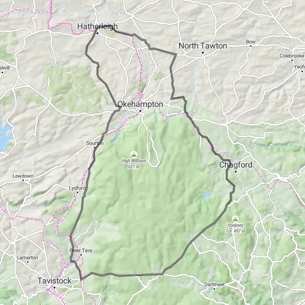 Map miniature of "West Devon Road Cycling Adventure" cycling inspiration in Devon, United Kingdom. Generated by Tarmacs.app cycling route planner