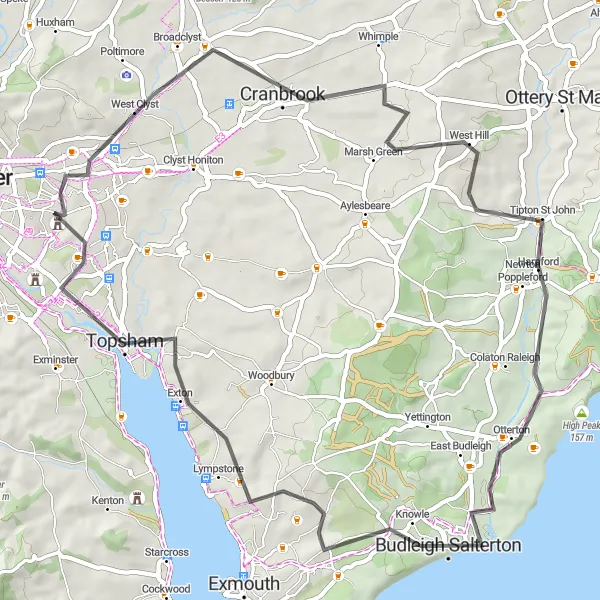 Map miniature of "East Devon Loop Road Cycling Route" cycling inspiration in Devon, United Kingdom. Generated by Tarmacs.app cycling route planner