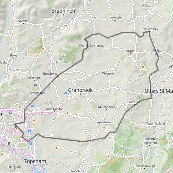 Map miniature of "The Heavitree Loop" cycling inspiration in Devon, United Kingdom. Generated by Tarmacs.app cycling route planner