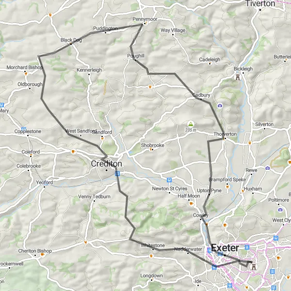 Map miniature of "Heavitree to Thorverton Loop" cycling inspiration in Devon, United Kingdom. Generated by Tarmacs.app cycling route planner