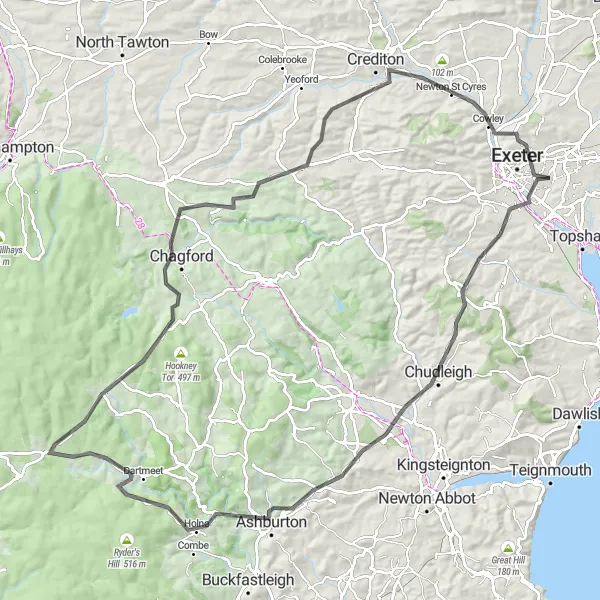 Map miniature of "Exeter to Dartmoor Loop" cycling inspiration in Devon, United Kingdom. Generated by Tarmacs.app cycling route planner