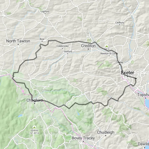 Map miniature of "Exeter to Moretonhampstead Loop" cycling inspiration in Devon, United Kingdom. Generated by Tarmacs.app cycling route planner