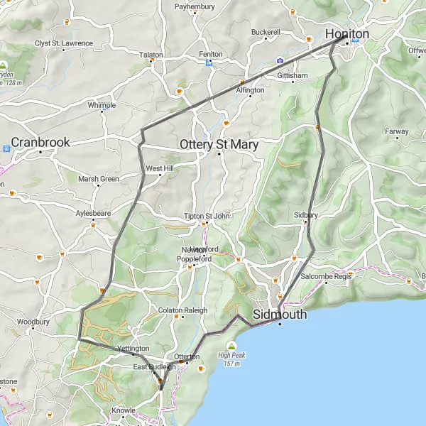 Map miniature of "Sidmouth and East Budleigh Loop" cycling inspiration in Devon, United Kingdom. Generated by Tarmacs.app cycling route planner