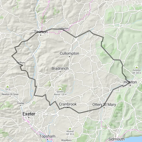 Map miniature of "Honiton and Beyond" cycling inspiration in Devon, United Kingdom. Generated by Tarmacs.app cycling route planner