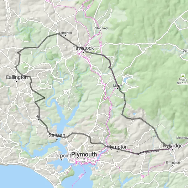 Map miniature of "The Plympton Loop" cycling inspiration in Devon, United Kingdom. Generated by Tarmacs.app cycling route planner