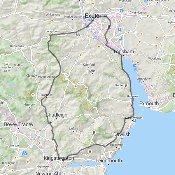 Map miniature of "Trusham and Topsham Circuit" cycling inspiration in Devon, United Kingdom. Generated by Tarmacs.app cycling route planner