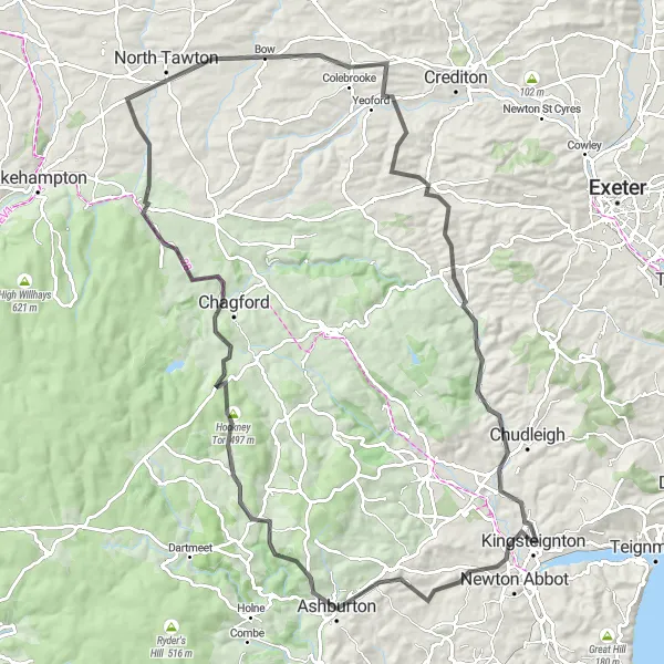 Map miniature of "The Hill Country Challenge" cycling inspiration in Devon, United Kingdom. Generated by Tarmacs.app cycling route planner