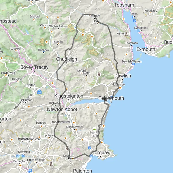 Map miniature of "Teignmouth Circuit" cycling inspiration in Devon, United Kingdom. Generated by Tarmacs.app cycling route planner