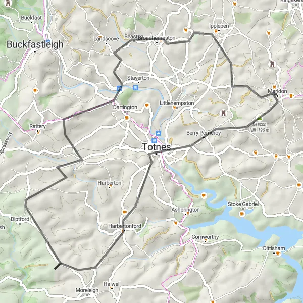 Map miniature of "Totnes Loop" cycling inspiration in Devon, United Kingdom. Generated by Tarmacs.app cycling route planner