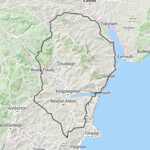 Map miniature of "Teignmouth Challenge" cycling inspiration in Devon, United Kingdom. Generated by Tarmacs.app cycling route planner