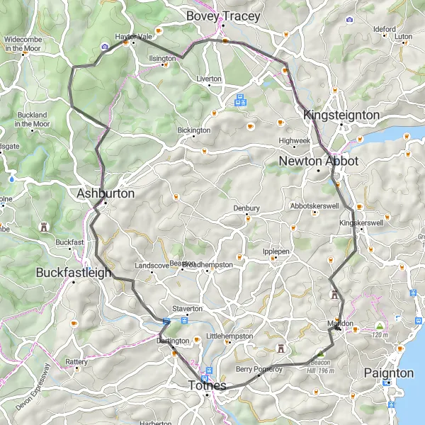 Map miniature of "Hilltop Adventure" cycling inspiration in Devon, United Kingdom. Generated by Tarmacs.app cycling route planner