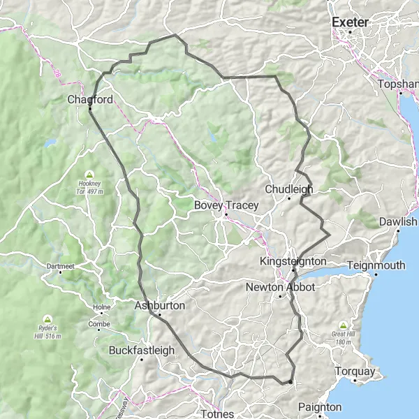 Map miniature of "Dartmoor Exploration" cycling inspiration in Devon, United Kingdom. Generated by Tarmacs.app cycling route planner