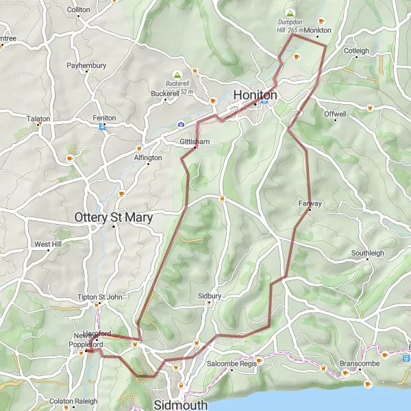 Map miniature of "Gittisham and Farway Gravel Loop" cycling inspiration in Devon, United Kingdom. Generated by Tarmacs.app cycling route planner