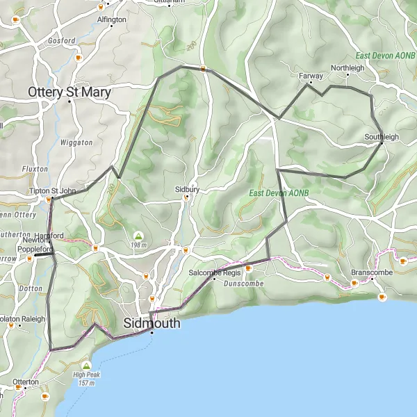 Map miniature of "Newton Poppleford to Sidmouth" cycling inspiration in Devon, United Kingdom. Generated by Tarmacs.app cycling route planner