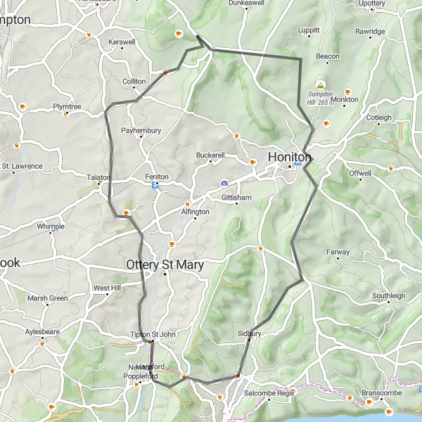 Map miniature of "Talaton and Broadhembury Road Loop" cycling inspiration in Devon, United Kingdom. Generated by Tarmacs.app cycling route planner