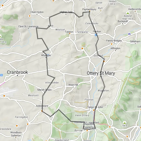 Map miniature of "Newton Poppleford to Aylesbeare" cycling inspiration in Devon, United Kingdom. Generated by Tarmacs.app cycling route planner