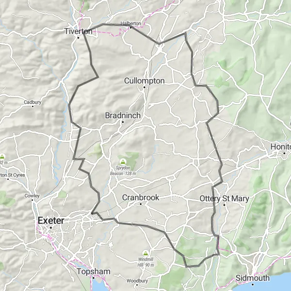 Map miniature of "Newton Poppleford to Tipton St John" cycling inspiration in Devon, United Kingdom. Generated by Tarmacs.app cycling route planner