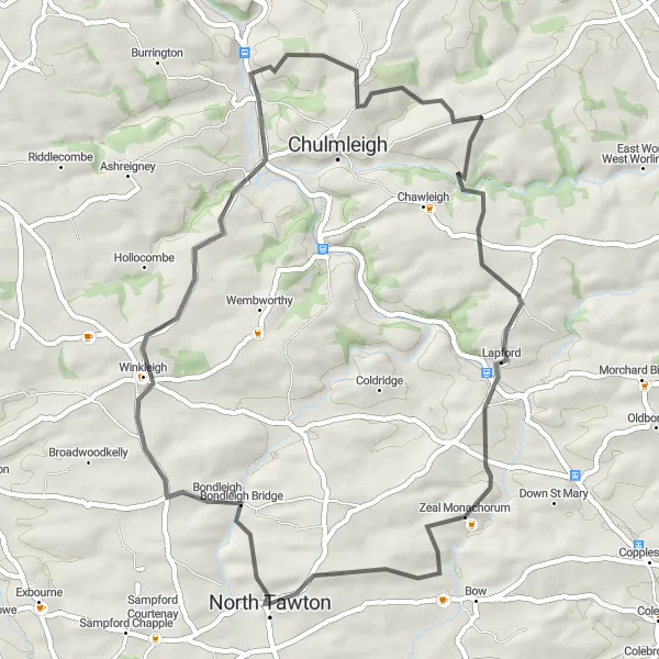 Map miniature of "North Tawton to Winkleigh Circuit" cycling inspiration in Devon, United Kingdom. Generated by Tarmacs.app cycling route planner