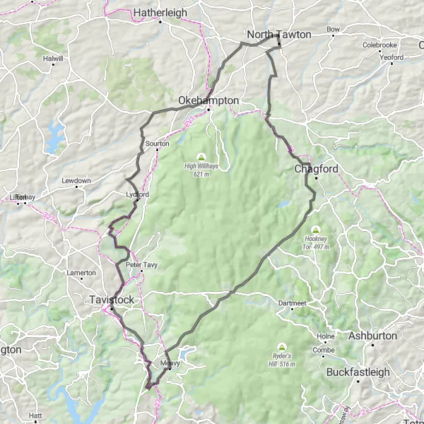 Map miniature of "The Dartmoor Epic" cycling inspiration in Devon, United Kingdom. Generated by Tarmacs.app cycling route planner