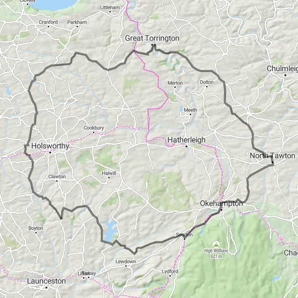 Map miniature of "The Okehampton Explorer" cycling inspiration in Devon, United Kingdom. Generated by Tarmacs.app cycling route planner