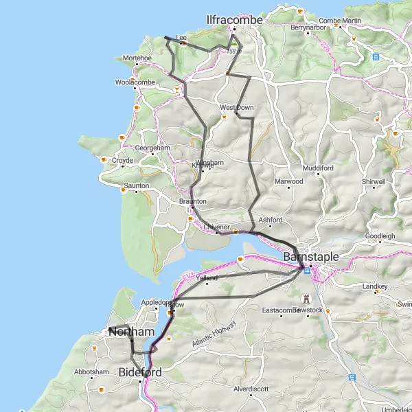 Map miniature of "Northam to Braunton Loop" cycling inspiration in Devon, United Kingdom. Generated by Tarmacs.app cycling route planner