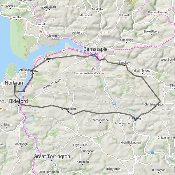 Map miniature of "The Yelland Loop" cycling inspiration in Devon, United Kingdom. Generated by Tarmacs.app cycling route planner