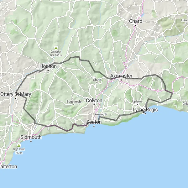 Map miniature of "Ottery St Mary to Cotleigh via Axminster, Lyme Regis, Chimney Rock, Seaton and Sidford" cycling inspiration in Devon, United Kingdom. Generated by Tarmacs.app cycling route planner