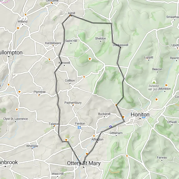 Map miniature of "Ottery St Mary to Talaton via Bodmiscombe, Awliscombe and Alfington" cycling inspiration in Devon, United Kingdom. Generated by Tarmacs.app cycling route planner