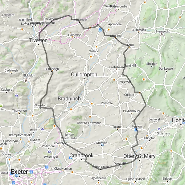 Map miniature of "Ottery St Mary to Rockbeare via The Clump, Tiverton, Sampford Peverell, Broadhembury, Hembury, and Fairmile" cycling inspiration in Devon, United Kingdom. Generated by Tarmacs.app cycling route planner
