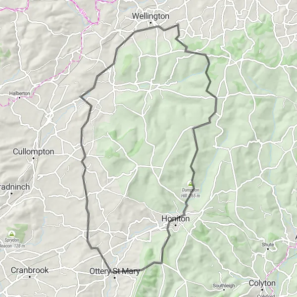 Map miniature of "Ottery St Mary to Talaton via Kentisbeare, Uffculme, Wellington, Churchstanton, Dumpdon Hill and Honiton" cycling inspiration in Devon, United Kingdom. Generated by Tarmacs.app cycling route planner
