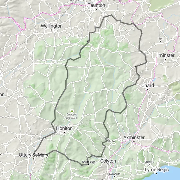 Map miniature of "Ottery to Awliscombe Loop" cycling inspiration in Devon, United Kingdom. Generated by Tarmacs.app cycling route planner