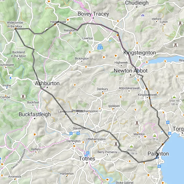 Map miniature of "The Widecombe Wind" cycling inspiration in Devon, United Kingdom. Generated by Tarmacs.app cycling route planner