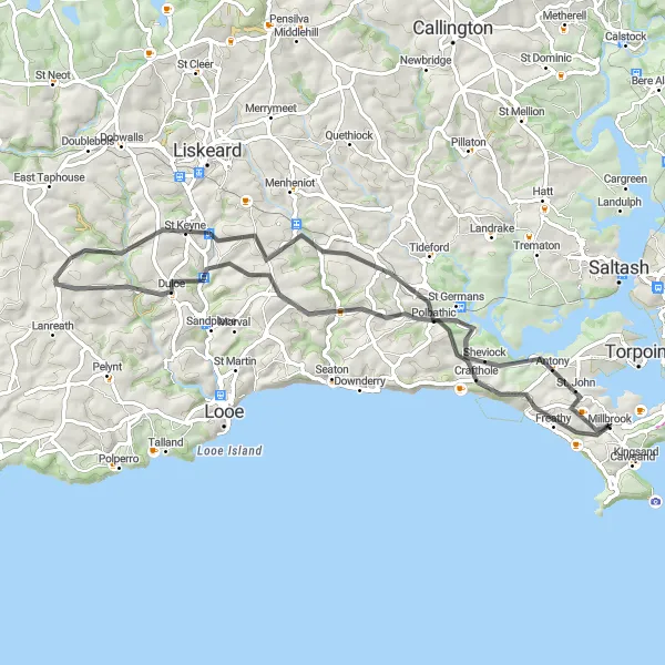 Map miniature of "St Germans and Hessenford Route" cycling inspiration in Devon, United Kingdom. Generated by Tarmacs.app cycling route planner