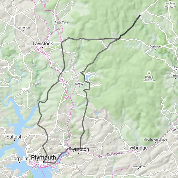 Map miniature of "Plympton to Princetown Loop" cycling inspiration in Devon, United Kingdom. Generated by Tarmacs.app cycling route planner