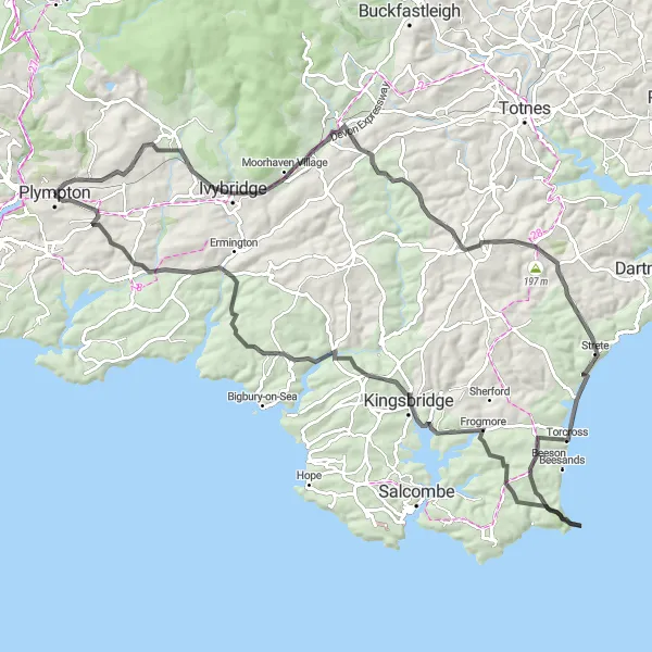 Map miniature of "Challenging Road Cycling Route to Torcross" cycling inspiration in Devon, United Kingdom. Generated by Tarmacs.app cycling route planner