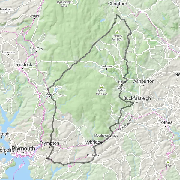 Map miniature of "Plymouth Moorland Marvels" cycling inspiration in Devon, United Kingdom. Generated by Tarmacs.app cycling route planner