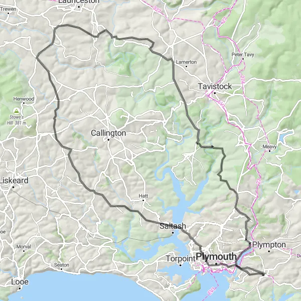 Map miniature of "Plym Gorge Expedition" cycling inspiration in Devon, United Kingdom. Generated by Tarmacs.app cycling route planner