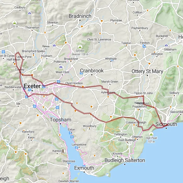 Map miniature of "Sidmouth to Exeter Gravel Adventure" cycling inspiration in Devon, United Kingdom. Generated by Tarmacs.app cycling route planner