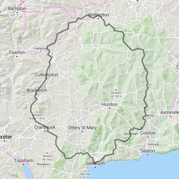 Map miniature of "Sidmouth to Yarcombe Circuit" cycling inspiration in Devon, United Kingdom. Generated by Tarmacs.app cycling route planner