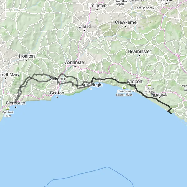 Map miniature of "Sidmouth to Lyme Regis Loop" cycling inspiration in Devon, United Kingdom. Generated by Tarmacs.app cycling route planner