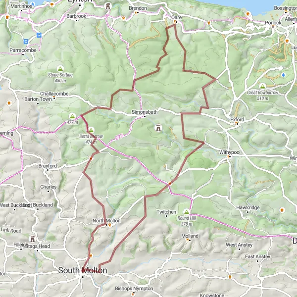 Map miniature of "Gravel Adventure Amidst Natural Splendor" cycling inspiration in Devon, United Kingdom. Generated by Tarmacs.app cycling route planner