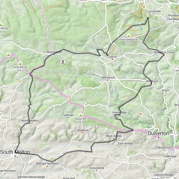 Map miniature of "Exhilarating Hills and Breathtaking Views" cycling inspiration in Devon, United Kingdom. Generated by Tarmacs.app cycling route planner