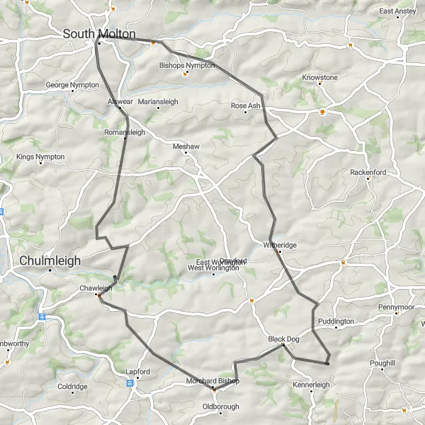 Map miniature of "South Molton Loop" cycling inspiration in Devon, United Kingdom. Generated by Tarmacs.app cycling route planner