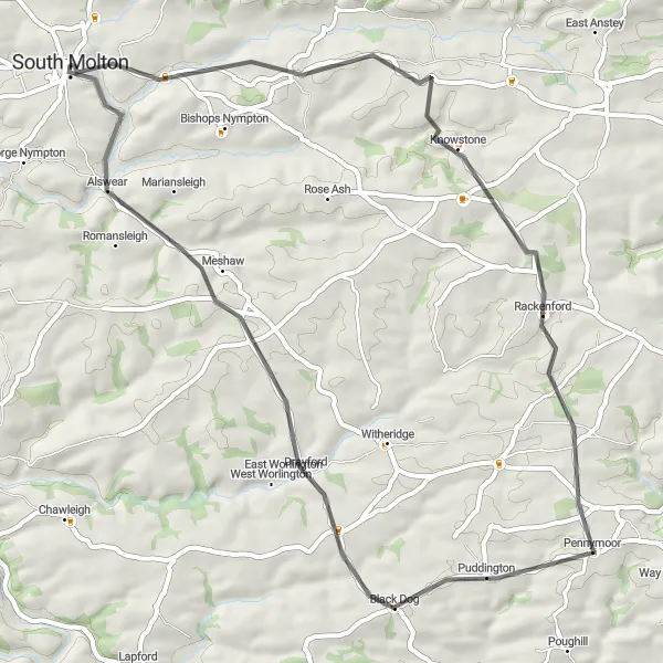 Map miniature of "South Molton to Rackenford and back" cycling inspiration in Devon, United Kingdom. Generated by Tarmacs.app cycling route planner