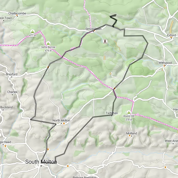 Map miniature of "North Molton to Withypool Common" cycling inspiration in Devon, United Kingdom. Generated by Tarmacs.app cycling route planner