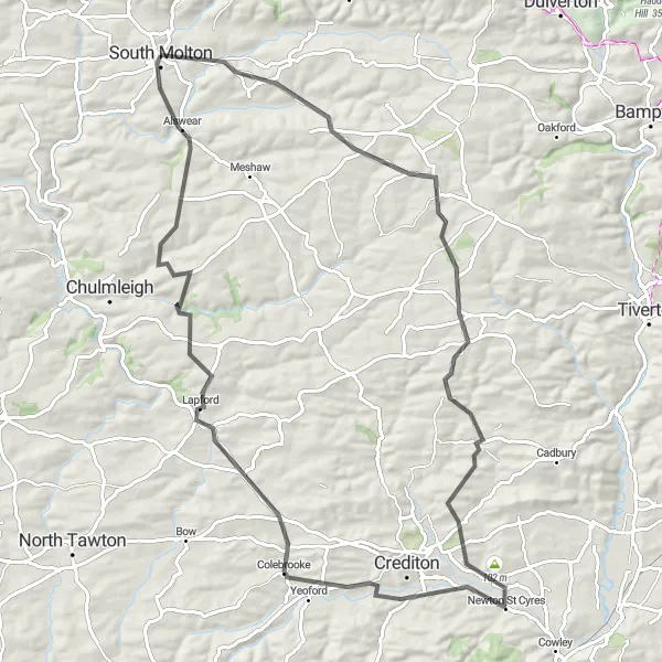 Map miniature of "Rackenford and Copplestone Loop" cycling inspiration in Devon, United Kingdom. Generated by Tarmacs.app cycling route planner