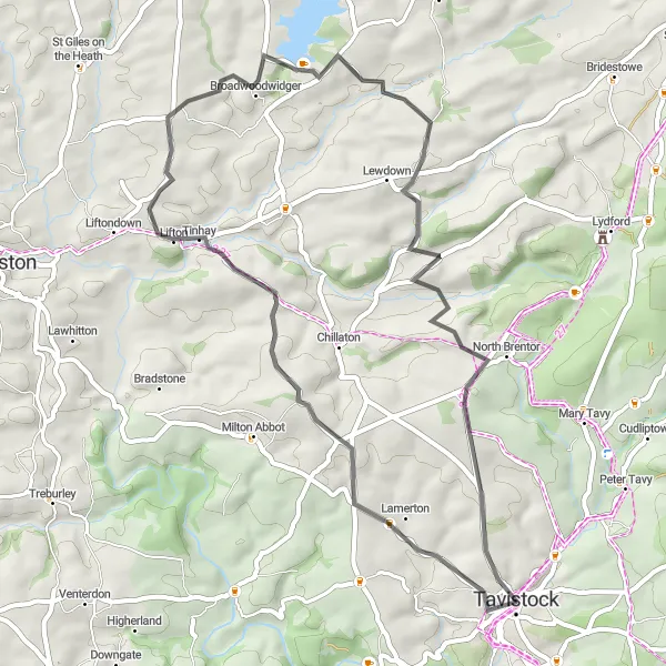 Map miniature of "The Tors and Villages of West Devon" cycling inspiration in Devon, United Kingdom. Generated by Tarmacs.app cycling route planner