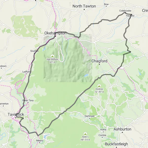 Map miniature of "Dartmoor Delights" cycling inspiration in Devon, United Kingdom. Generated by Tarmacs.app cycling route planner